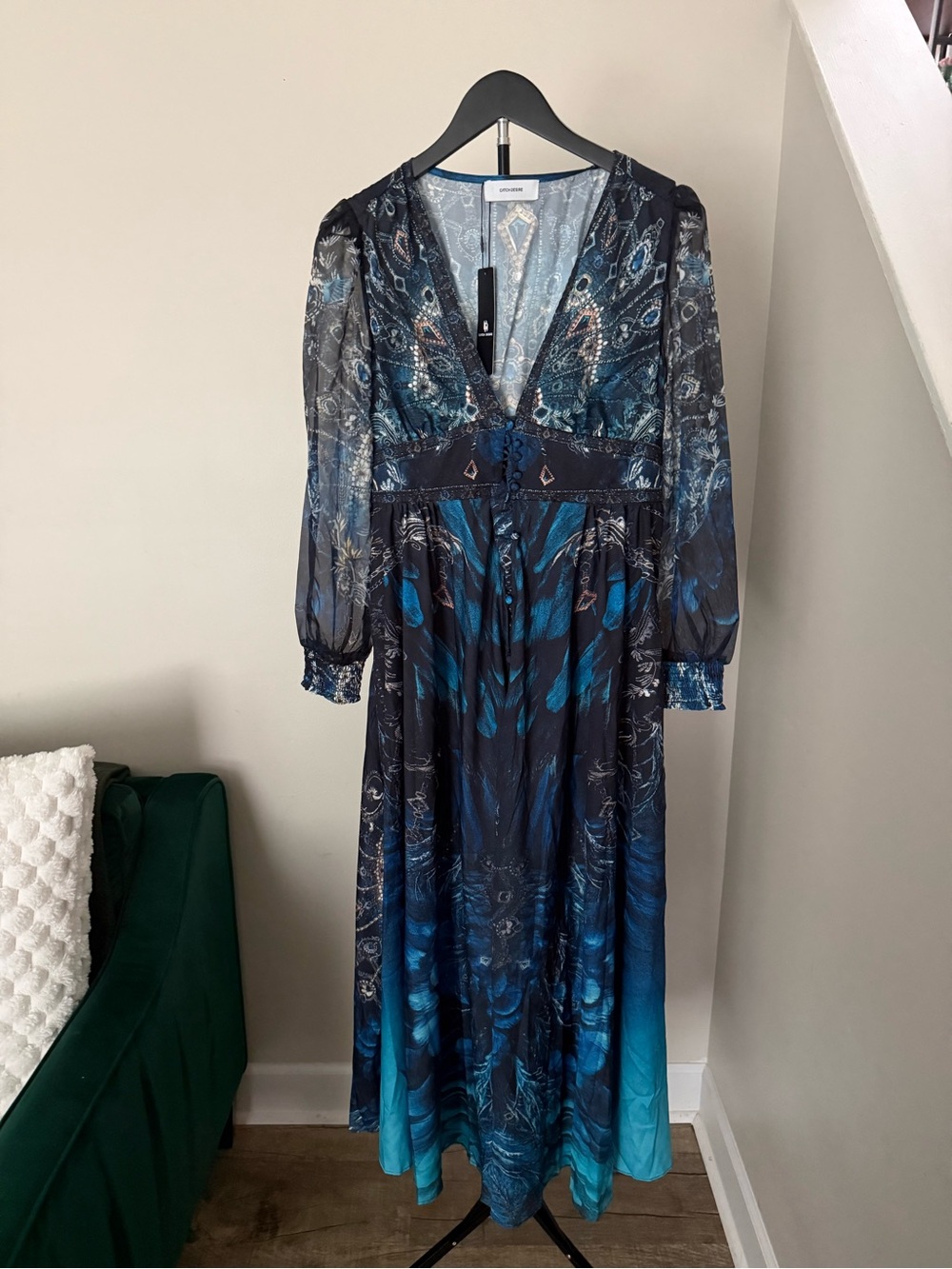 Sheer V-Neck Blue Patterned Maxi Dress